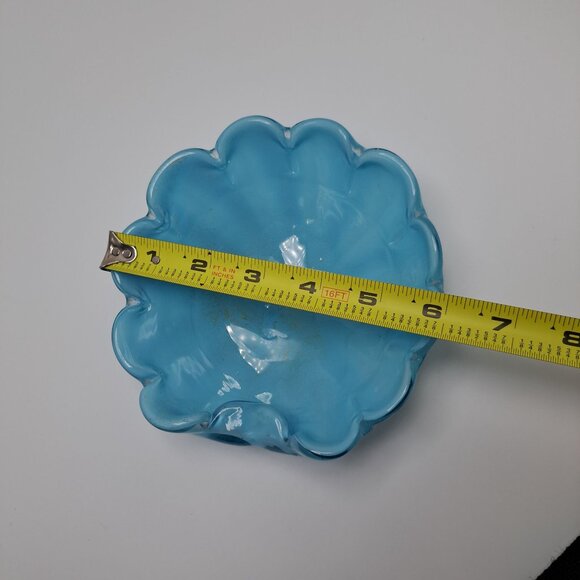 Vintage Blue Murano Glass Scalloped Decorative Bowl With Gold Accents - Picture 2 of 15